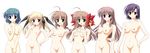  6+girls 6girls blonde_hair blue_eyes blue_hair braid breasts brown_hair flat_chest green_eyes hair_ribbon lineup long_hair multiple_girls nude purple_eyes purple_hair pussy red_eyes ribbon short_hair simple_background small_breasts twin_tails twintails uncensored white_background 