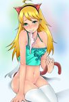  animal_ears blonde_hair blush bottomless breasts cleavage green_eyes highres hoshii_miki idolmaster idolmaster_(classic) idolmaster_1 large_breasts long_hair mouth_hold nakasone_haiji navel no_panties panties panties_in_mouth pussy sitting solo tail thighhighs underwear white_legwear 