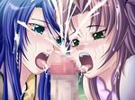  2girls blue_eyes blue_hair blush censored cum cum_in_mouth cum_on_hair cum_on_tongue ejaculation facial green_eyes handsfree_ejaculation long_hair multiple_girls open_mouth penis teeth tongue 