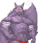  2021 abs anthro biceps bottomwear canid canine canis captainjohkid clothed clothing fur hi_res loincloth male mammal muscular muscular_anthro muscular_male nipples purple_body purple_fur simple_background solo tattoo wolf 