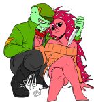  anthro clothing duo ev_htf_(artist) female flaky_(htf) flippy_(htf) fur green_body green_fur happy_tree_friends headgear headwear hi_res knife male mammal porcupine red_body red_fur rodent ursid 