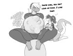  anthro big_breasts breasts dialogue dragon english_text female female_pred fish flirting humor larger_female lightningjolt marine midriff monochrome oral_vore profanity shark shyguy9 size_difference smaller_female sophie_(shyguy9) struggling talking_to_another text vore 