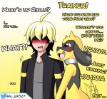  al_gx anthro breast_squish breasts dialogue duo fan_character female female_on_human gynomorph_(lore) human interspecies male male/female mammal nintendo pok&eacute;mon pok&eacute;mon_(species) pok&eacute;philia prank riolu seductive simple_background small_breasts squish text thick_thighs video_games yellow_body 