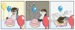  2021 5_fingers anthro balloon birthday_cake brown_hair cake comic dessert didelphid fingers food fur grey_body grey_fur hair happy humor inflatable male mammal marmorexx marsupial open_mouth playing_dead ruaidri_(character) solo sound_effects text virginia_opossum 