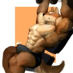  1:1 2021 abs anthro biceps bottomwear bulge canid canine clothing dumbbell exercise fur hi_res male mammal muscular muscular_anthro muscular_male o_reowoof pecs simple_background solo weightlifting weights workout 