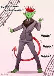  anthro clothing crown demon eyes_closed fur green_body green_ears green_fur green_inner_ear_fluff halo hat headgear headwear hi_res inner_ear_fluff leotoefinger male rinity shadow singing solo spade_tail standing suit tuft 