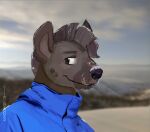  abilify_(character) anthro clothed clothing digital_media_(artwork) digital_painting_(artwork) facial_markings fur hair head_markings hi_res hyaenid jacket looking_back male mammal markings mountain photo_background smile snow solo topwear yidwags 