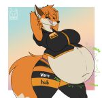  anthro belly big_belly canid canine clothing digestion female female_pred fox hands_behind_back hi_res legwear licking licking_lips mammal midriff naughty_face navel rumbling_stomach scarlett_fox solo tacticalfur thigh_highs thong_straps tongue tongue_out vore 