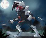  ambiguous_gender anthro biped black_nose bodily_fluids canid canine claw_growth claws clothing digitigrade drooling fangs finger_claws full_moon fur fur_growth fused_fingers glowing glowing_eyes growth hi_res human human_to_anthro lycanroc mammal mid_transformation midnight_lycanroc moon night nintendo open_mouth outside pawpads pink_pawpads plant pok&eacute;mon pok&eacute;mon_(species) ravieel red_body red_eyes red_fur ringed_eyes rock saliva scut_tail shaded shirt short_tail sky solo species_transformation sweat tears toe_claws tongue tongue_out topwear torn_clothing torn_coat torn_shirt torn_topwear transformation tree video_games were werecanid werecanine white_body white_fur 