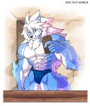  2021 abs anthro biceps big_muscles bottomwear canid canine canis cellphone cheong_hwan clothing fur hair hi_res huge_muscles male mammal muscular muscular_anthro muscular_male pecs phone red_eyes solo white_hair wolf wolfmalro 