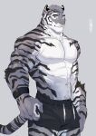  2021 abs anthro bottomwear clothing felid fur hair hi_res ixkouu looking_at_viewer male mammal muscular muscular_anthro muscular_male nipples orange_eyes pantherine pecs simple_background smile smiling_at_viewer solo striped_body striped_fur stripes tiger 