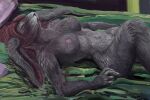  anthro bed breasts burgundy_hair eyes_closed female fur furniture grey_body grey_fur hair hyperdynamic lagomorph leporid lying mammal nipples nude on_back pink_nipples rabbit solo 