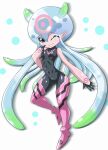  bandai_namco black_eyes bodysuit breasts camel_toe clothing cnidarian digimon digimon_(species) digimon_ghost_game female glistening glistening_body glistening_clothing glistening_eyes glistening_skin glistening_skinsuit heigani hi_res humanoid jellyfish jellymon marine markings medusozoan navel navel_outline one_eye_closed pink_body pseudo_hair simple_background skinsuit small_breasts smile solo tentacle_hair tentacles tight_clothing wink 