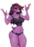  5_fingers anthro athletic athletic_anthro athletic_female belly big_breasts blush bottomwear breasts claws clothed clothing deltarune dinosaur eyelashes female fingers hair hi_res johnfoxart long_hair looking_at_viewer makeup muscular muscular_anthro muscular_thighs panties purple_body purple_scales purple_skin reptile scales scalie simple_background solo standing susie_(deltarune) undertale_(series) underwear video_games wide_hips yellow_sclera 