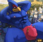  absurd_res anthro avian bird blue_body bulge canid canine canis city clothing destruction falco_lombardi fox fox_mccloud hi_res kovaltiel landscape_dwarfing lying macro male mammal micro muscular muscular_male nintendo speedo star_fox swimwear video_games wolf wolf_o&#039;donnell worship 