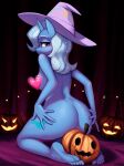  &lt;3 2021 5_fingers 5_toes absurd_res anthro anthrofied blue_body blue_hair breasts butt censored clothing cutie_mark digital_media_(artwork) equid equine eyebrows feet female fingers food friendship_is_magic fruit hair halloween hasbro hat hat_only headgear headgear_only headwear headwear_only hi_res holidays horn humanoid_feet long_hair looking_at_viewer looking_back mammal mostly_nude mrscroup my_little_pony plant pumpkin purple_eyes soles solo toes trixie_(mlp) unicorn 