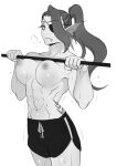  abs animal_humanoid bottomwear breasts clothing exercise eye_patch eyewear female fish fish_humanoid hi_res humanoid marine marine_humanoid monochrome muscular muscular_female navel nipples pull-up_(exercise) pull_up_bar shorts simple_background solo torotale undertale_(series) undyne workout workout_clothing 