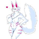  &lt;3 anthro blue_eyes breasts canid canine claws female fluffy fluffy_tail fox fur highlights_(coloring) long_ears mammal mangakitsune2 nude one_eye_closed original_character_do_not_steal red_highlights red_stripes simple_background smile smirk solo standing stripes white_background white_body white_fur 