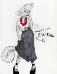  anthro blouse bottomwear clothing domestic_cat ear_tuft english_text felid feline felis female fur grey_body grey_fur head_tuft hi_res high_heels kendall_(wastester) looking_at_viewer mammal pink_nose skirt solo tail_motion teasing text topwear tuft wastester 