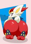  absurd_res anthro back_boob big_breasts big_butt breasts butt cinderace female fur hi_res huge_butt kneeling lagomorph mammal nintendo nr_ac pok&eacute;mon pok&eacute;mon_(species) red_body red_fur scut_tail shaded short_tail simple_background solo thick_thighs video_games white_body white_fur 