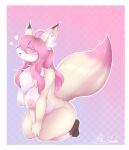  &lt;3 anthro blueshark blush border breasts canid canine female fox fur hair hi_res looking_at_viewer mammal nipples nude smile solo white_border 