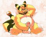 alleros_(howlingampharos) ampharos anthro balls belly big_balls big_belly chubby_male eyewear genitals glasses hand_on_penis hands_behind_head hi_res hindpaw male nintendo paws penis pok&eacute;mon pok&eacute;mon_(species) smile solo stroking_penis thick_thighs video_games zestibone 