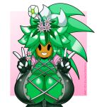  absurd_res big_breasts blaster_master blindstash breasts clothing elemental_creature female flora_fauna gesture green_body hi_res huge_breasts humanoid kanna_(blaster_master) not_furry plant simple_background smile solo tight_clothing v_sign video_games 