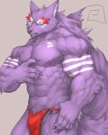  2021 4:5 abs absurd_res anthro biceps black_nose bottomwear canid canine canis captainjohkid clothing fur hi_res loincloth male mammal muscular muscular_anthro muscular_male nipples pecs purple_body purple_fur simple_background solo tattoo wolf 