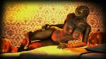  16:9 3d_(artwork) anthro bed breasts candle digital_media_(artwork) female food fruit furniture genitals halloween hi_res holidays looking_at_viewer non-mammal_breasts non-mammal_nipples plant pumpkin pussy reptile scalie snake snake_(petruz) solo source_filmmaker tongue widescreen 