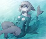 anthro breasts digital_media_(artwork) featureless_breasts female fish grey_hair hair healingpit hi_res marine nude partially_submerged shaded shark solo water 