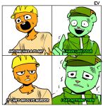  annoyed anthro armor beaver buckteeth disappointed duo ev_htf_(artist) flippy_(htf) fur green_body green_fur handy_(htf) happy_tree_friends hard_hat headgear helmet humor male mammal meme open_mouth rodent shaking teeth trembling ursid 