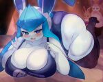  5_fingers anthro anthrofied big_breasts big_butt blue_body blue_eyes blush bodily_fluids breasts brown_body butt cleavage clothed clothing curvy_figure eevee eeveelution feet female fingers glaceon group hi_res huge_breasts huge_butt kakuteki11029 kemono legwear looking_at_viewer nintendo one-piece_swimsuit open_mouth pok&eacute;mon pok&eacute;mon_(species) pok&eacute;morph school_swimsuit smile smiling_at_viewer stockings sweat swimwear sylveon thick_thighs thigh_highs video_games voluptuous white_body 