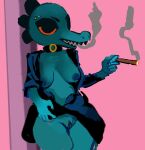  2019 alligator alligatorid anthro bea_santello big-fig blue_body breasts choker cigar clothed clothing crocodilian digital_media_(artwork) digital_painting_(artwork) exposed_breasts female genitals hi_res jewelry necklace night_in_the_woods non-mammal_breasts non-mammal_nipples orange_eyes partially_clothed portrait presenting presenting_pussy pussy reptile scalie smoking solo three-quarter_portrait video_games 
