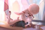  amarihel anthro beverage bottomless bovid butt caprine cellphone clothed clothing coffee dawn_bellwether disney eyewear female glasses looking_down mammal office phone raised_leg sheep solo zootopia 