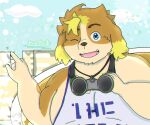  1pishi 6:5 anthro blue_eyes canid canine canis clothing domestic_dog eyewear floppy_ears gesture goggles hisaki_(live-a-hero) kemono lifewonders live-a-hero male mammal one_eye_closed pointing shirt solo tank_top topwear video_games wink 