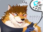  4:3 anthro barrel_(live-a-hero) blush bodily_fluids canid canine canis cellphone clothing embarrassed fur hi_res humor kemono korean_text lifewonders live-a-hero male mammal multicolored_body multicolored_fur phone pnueod shirt smartphone solo sweat tank_top text topwear video_games wolf 