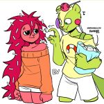  1:1 angry annoyed anthro candy dessert duo ev_htf_(artist) female flaky_(htf) food fur green_body green_fur happy_tree_friends male mammal marshmallow mouth_full nutty_(htf) porcupine red_body red_fur rodent sciurid tree_squirrel 