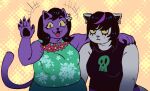  accessory anthro arm_around_shoulders big_breasts black_hair bone bottomwear breasts catti_(deltarune) catty_(undertale) claws clothed clothing clownplushie deltarune domestic_cat duo ear_piercing ear_ring fangs felid feline felis female floral_print flower flower_in_hair front_view frown fully_clothed fur gesture hair hair_accessory half-closed_eyes half-length_portrait happy highlights_(coloring) lei looking_at_viewer mammal narrowed_eyes open_mouth open_smile pawpads piercing plant portrait purple_body purple_fur purple_highlights shirt short_hair sibling simple_background sister sisters skull smile topwear undertale_(series) video_games waving whiskers white_body white_fur yellow_sclera 
