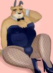  2021 9dtq0 absurd_res anthro belly blush bow_tie brown_body brown_fur bulge bunny_costume clothed clothing costume crossdressing eyewear fur glasses hi_res humanoid_hands kemono lifewonders male mammal overweight overweight_male simple_background sitting solo tokyo_afterschool_summoners ursid video_games volos 