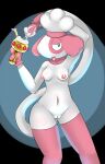  9:14 anthro biped black_eyes blush breasts clothing container cup cutlery fak&eacute;mon female fluffolio food genitals goblet hi_res kitchen_utensils legwear navel nintendo pok&eacute;mon pok&eacute;mon_(species) pokemon_xenoverse pussy simple_background smeargle solo spoon standing stockings tongue tongue_out tools video_games 