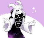  2017 anthro asriel_dreemurr_(god_form) boss_monster bovid caprine clothing emblem goat hi_res horn lidded_eyes looking_at_viewer male mammal purple_background seductive shrug simple_background siqko smile solo star triangle_(shape) undertale undertale_(series) video_games white_background 