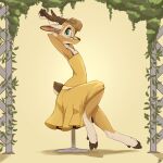  1:1 2021 absurd_res antelope anthro bovid brown_body brown_fur clothed clothing dress fully_clothed fur hi_res hooves horn looking_at_viewer louart mammal signature sitting solo stretching yellow_clothing yellow_dress 