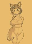  2021 animal_crossing ankha_(animal_crossing) anthro bangs belly blunt_bangs bottomless breasts clothed clothing collarbone crop_top digital_media_(artwork) domestic_cat featureless_crotch felid feline felis female front_view fur hair hands_behind_back hi_res mammal monochrome navel nintendo nipple_outline noseless potbelly shirt simple_background slightly_chubby smokii solo standing tank_top thick_thighs topwear uraeus video_games wide_hips 