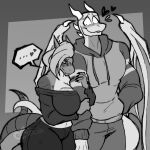  1:1 absurd_res anthro big_breasts breasts claws dragon duo female flustered happy hi_res horn jason_(greyknight) male male/female monochrome reptile scalie western_dragon wings zantra_(character) 