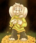  2020 5:6 anthro asriel_dreemurr black_bottomwear black_clothing black_pants boss_monster bottomwear bovid caprine clothing flower flower_petals fur goat green_clothing green_eyes hi_res male mammal pants pattern_clothing petals plant sad sleepychi solo striped_clothing stripes sweater topwear undertale undertale_(series) video_games white_body white_fur yellow_clothing 