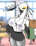  &lt;3 aggressive_retsuko anthro areola areola_slip avian beak beauty_mark big_breasts bird blurred_background bottomwear breasts cleavage clipboard clothed clothing dialogue english_text feathers female goat-kun hi_res holding_object huge_breasts legwear looking_at_viewer markings mole_(marking) nipple_outline non-mammal_breasts open_mouth pantyhose sanrio secretary_washimi skirt smile solo text thick_thighs white_body white_feathers 