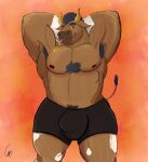  2021 abs absurd_res anthro armpit_hair barazoku biceps big_muscles black_hair body_hair bovid bovine boxer_briefs boxers_(clothing) boxers_only brown_body brown_fur bulge cattle chest_hair clothing digital_drawing_(artwork) digital_media_(artwork) flexing flexing_bicep flexing_muscles fur gio-joe gradient_background hair hi_res horn male mammal musclegut muscular muscular_anthro muscular_male orange_background pecs pubes shaded signature simple_background solo underwear wheat_in_mouth 