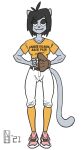  2021 anthro athletic ball baseball_(ball) baseball_glove baseball_uniform belt black_eyes black_hair bottomwear clothing domestic_cat fangs felid feline felis female footwear fur grey_body grey_fur hair hi_res kim_hwacha_jang-mi knee_highs legwear long_tail looking_up mammal nautilusbomb pants pink_clothing pink_footwear pink_nose pink_shoes shirt shoes sneakers socks solo sport sportswear text text_on_clothing text_on_shirt text_on_topwear thigh_gap topwear uniform white_bottomwear white_clothing white_pants yellow_clothing yellow_footwear yellow_shirt yellow_socks yellow_topwear 