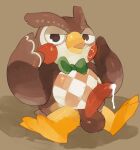  animal_crossing anthro avian balls beak bird blathers_(animal_crossing) bodily_fluids bow_tie brown_balls cum cum_leaking genital_fluids genitals green_bowtie looking_at_viewer male masshiro nintendo owl shadow simple_background solo video_games yellow_beak yellow_feet 