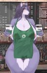  absurd_res anthro apron big_breasts blush breasts canid canine carsen cervina clothed clothing container cup female fur genitals green_apron hair hi_res huge_breasts i_mean_breast_milk looking_at_viewer mammal meme mostly_nude pussy solo 